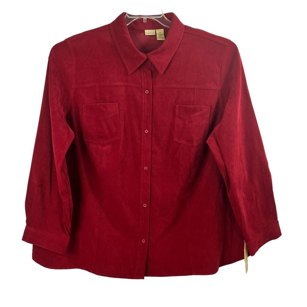 Linden Hill Womens Plus Top Blouse 3X Button Collared Long Sleeve Red Stretch NW